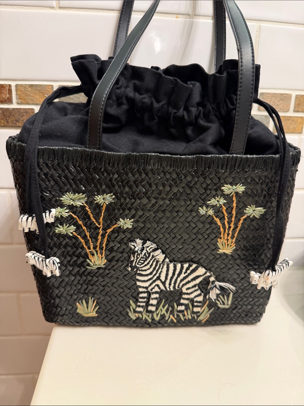 Black Woven Zebra Tote with Embroidered Safari Motif